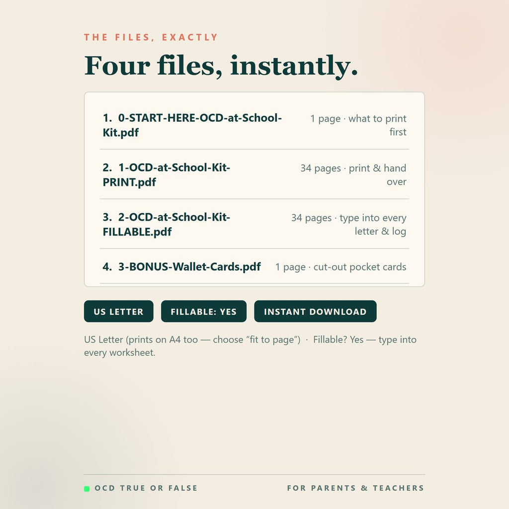 The OCD at School Kit (Parent + Teacher) — format and page count