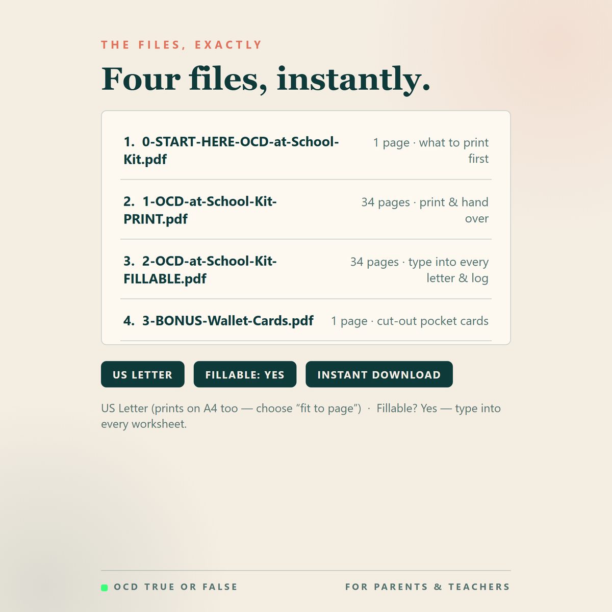 The OCD at School Kit (Parent + Teacher) — format and page count