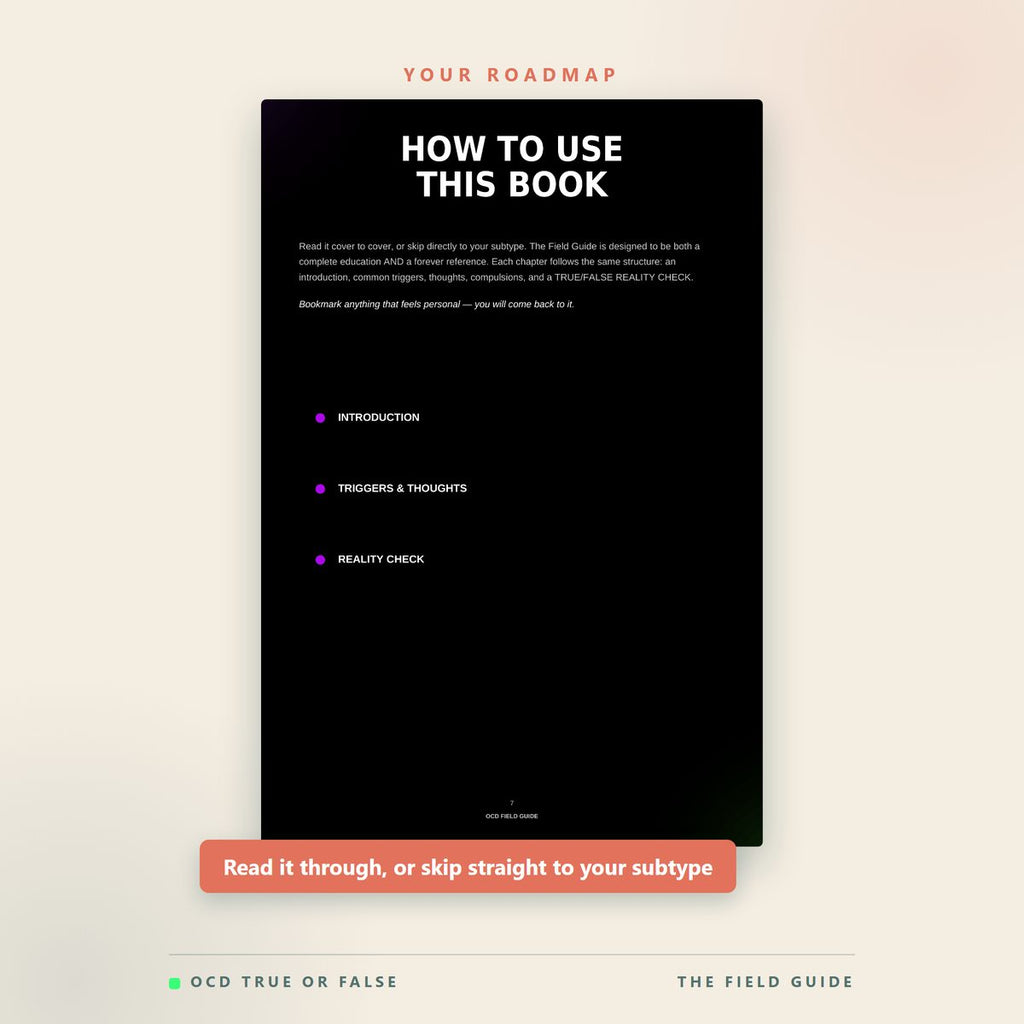 The how to use this book page from The OCD Field Guide, showing readers can read it through or skip straight to their subtype.