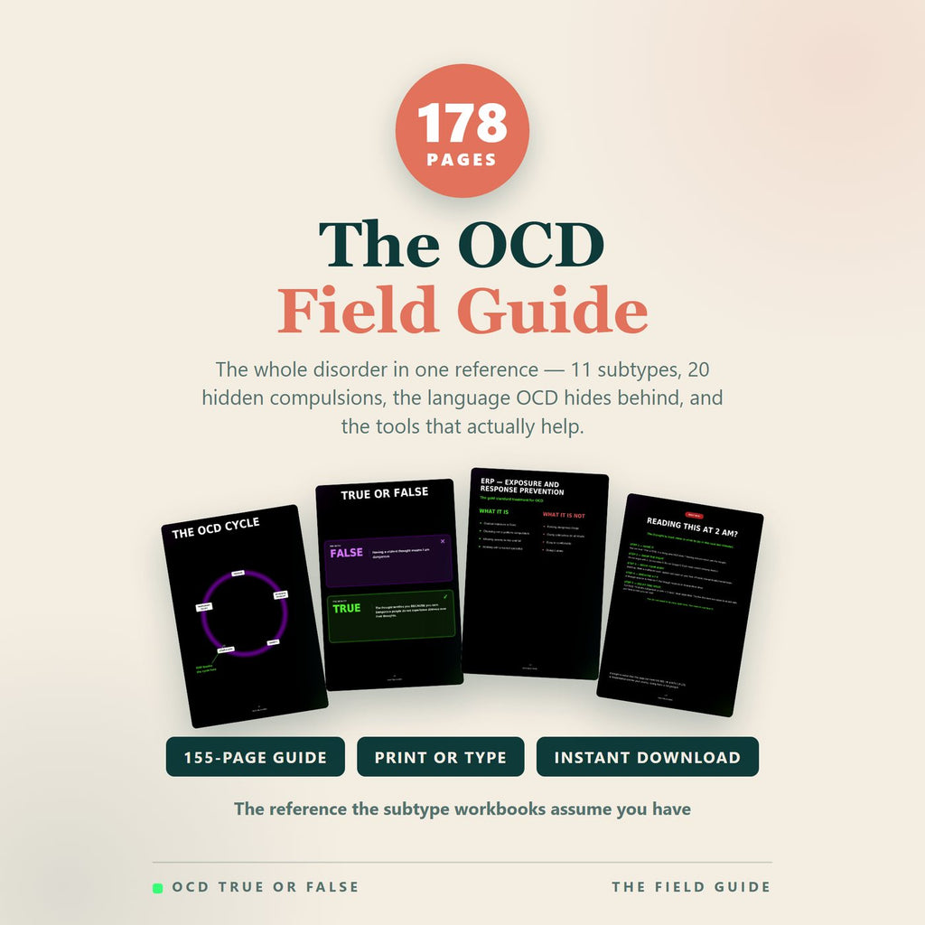 Cover image for The OCD Field Guide Complete Toolkit, a 178-page digital set covering 11 OCD subtypes and 20 hidden compulsions, shown with real interior pages.