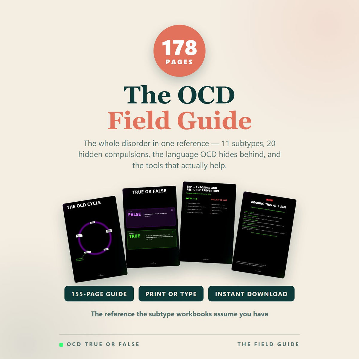 Cover image for The OCD Field Guide Complete Toolkit, a 178-page digital set covering 11 OCD subtypes and 20 hidden compulsions, shown with real interior pages.