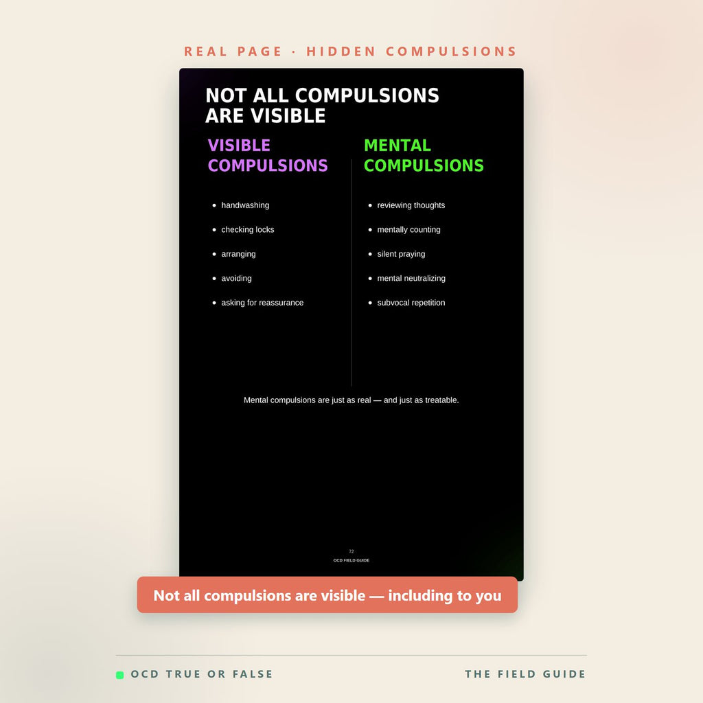 A real page from The OCD Field Guide contrasting visible compulsions such as handwashing with the mental compulsions that no one sees.