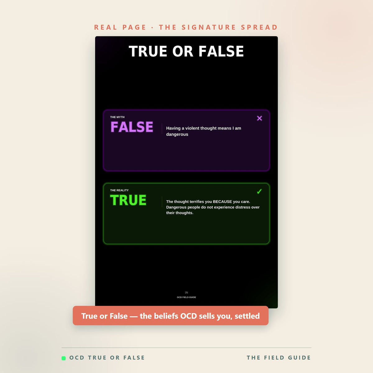 A True or False page from The OCD Field Guide, labelled The Myth and The Reality, answering a common false belief about what intrusive thoughts mean.