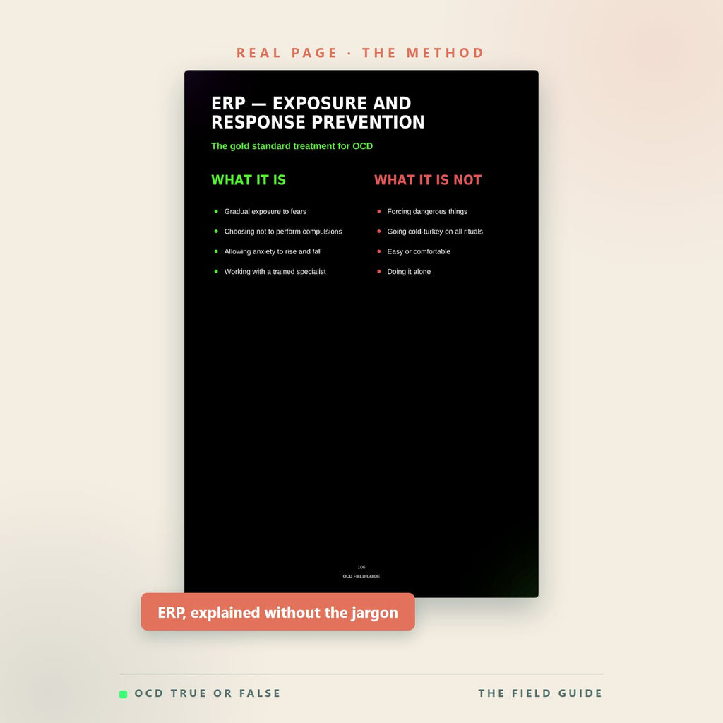 A real page from The OCD Field Guide explaining Exposure and Response Prevention, with what it is and what it is not side by side.