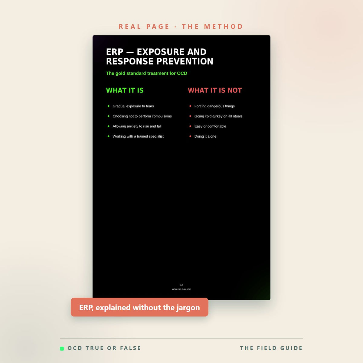 A real page from The OCD Field Guide explaining Exposure and Response Prevention, with what it is and what it is not side by side.