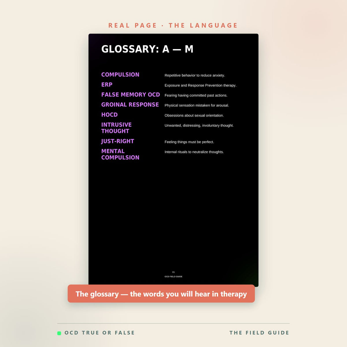A real glossary page from The OCD Field Guide defining the OCD terms a reader will hear in therapy.
