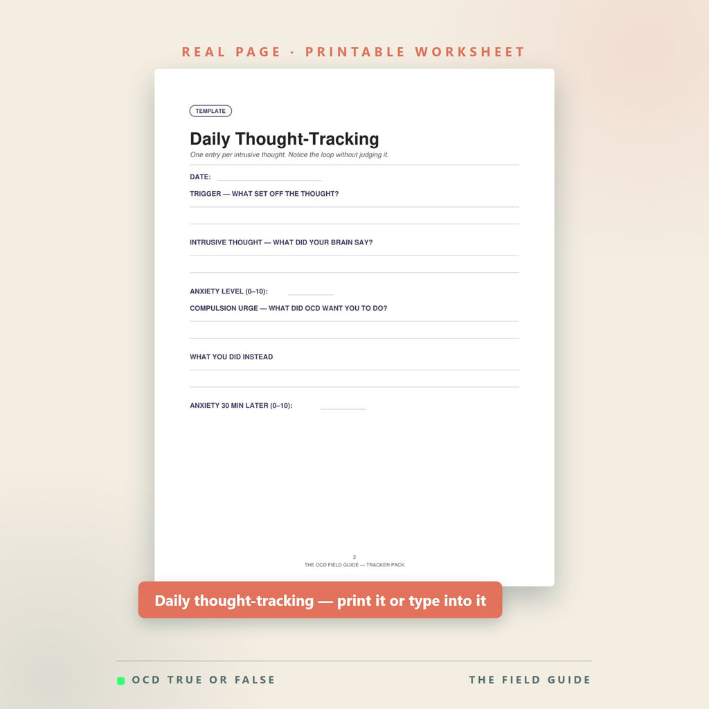 The Daily Thought-Tracking worksheet from the printable Tracker Pack, supplied as both a print version and a type-in fillable version.